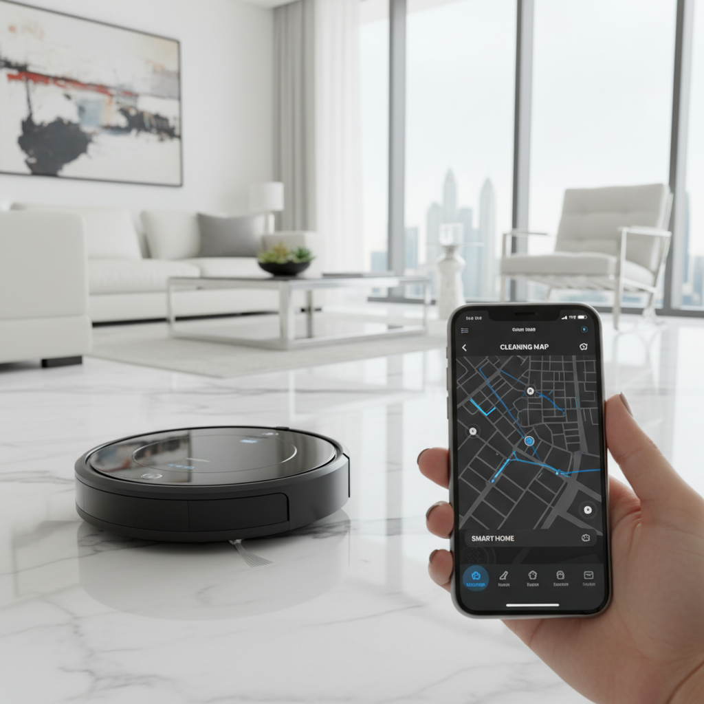 Smart robot vacuum on white marble floor in modern UAE apartment with smartphone showing cleaning map
