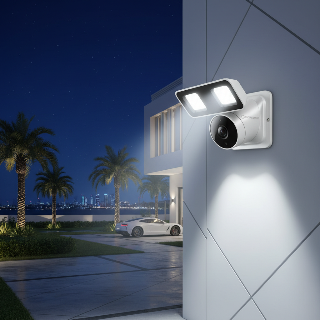 Smart outdoor floodlight security camera on UAE villa wall illuminating driveway at night
