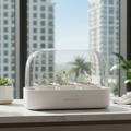 Mini indoor greenhouse propagation kit with clear dome and sprouting seedlings on UAE apartment counter