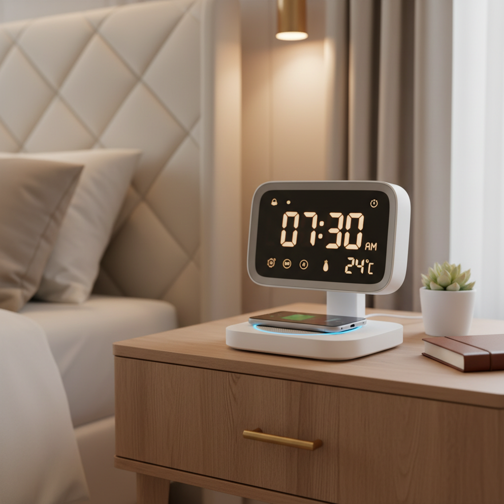 Smart digital alarm clock with LED display and wireless charging pad on UAE bedroom nightstand