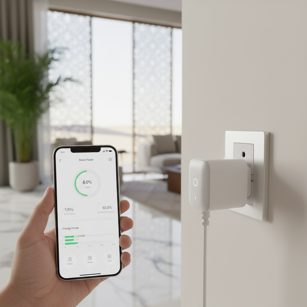 Smart WiFi plug in UAE wall socket with smartphone showing energy monitoring app