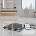 Smart body composition scale with health app showing 17 metrics on smartphone in UAE luxury bathroom
