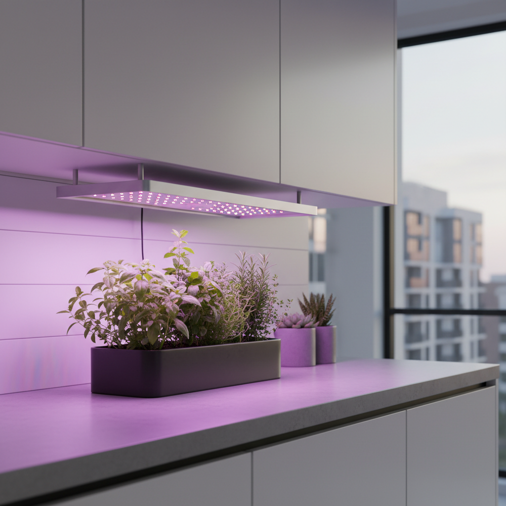 Smart LED grow light panel above indoor herb garden in modern UAE kitchen