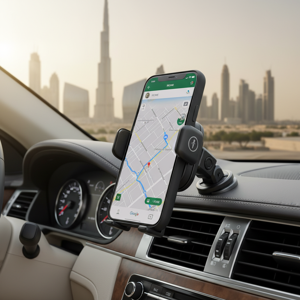 Magnetic car phone mount with iPhone showing navigation in modern UAE car interior