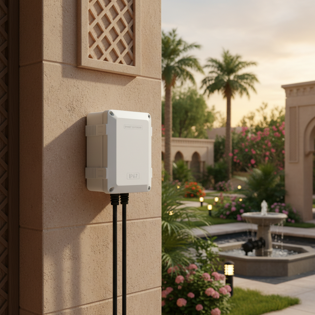 Smart outdoor weatherproof WiFi plug on UAE villa exterior wall controlling garden lights and water pump