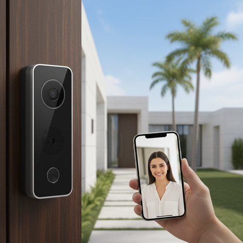 Smart WiFi video doorbell mounted on UAE villa entrance with smartphone showing live video feed