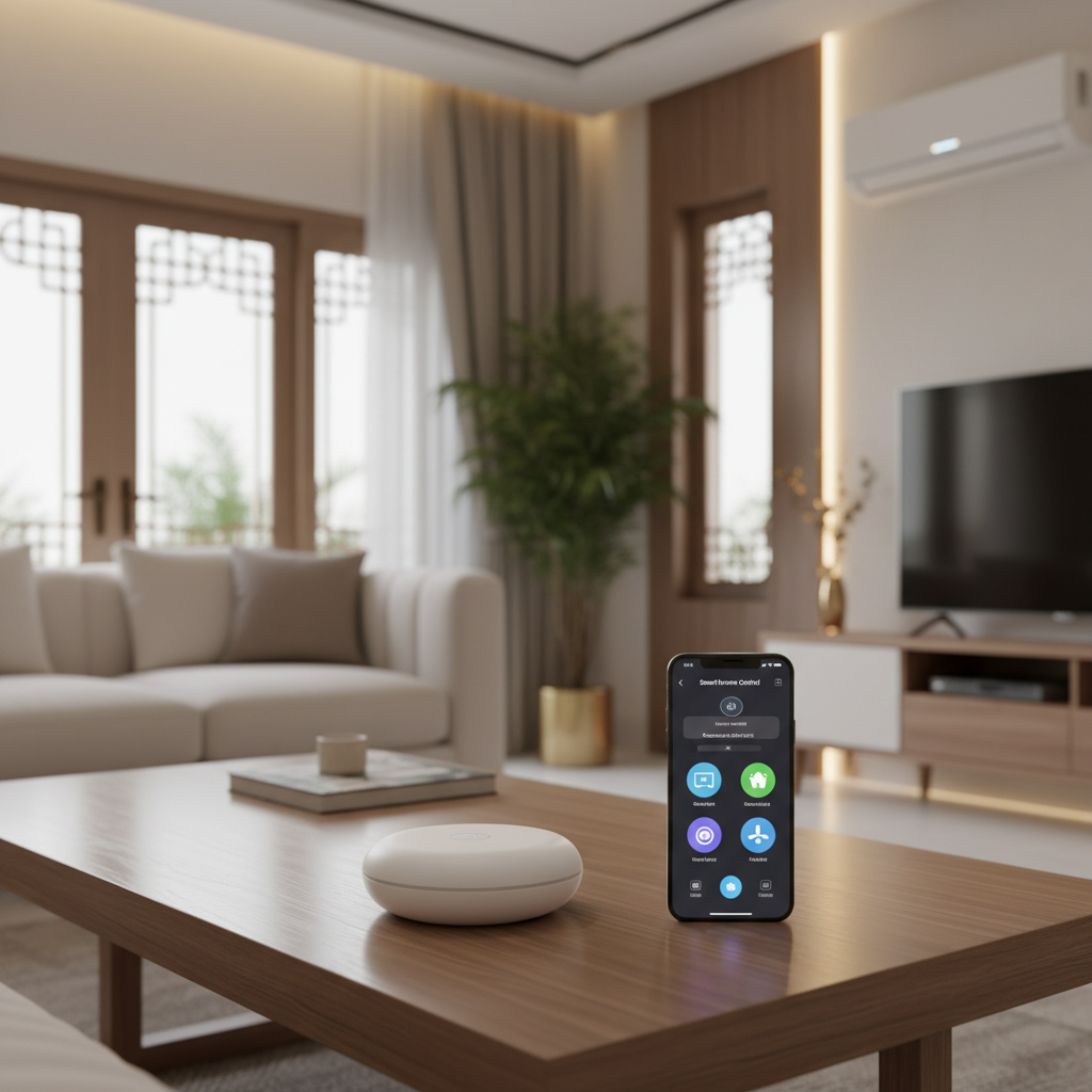 Smart universal IR remote hub controlling AC and TV from smartphone app in UAE living room