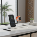 Premium 3-in-1 wireless charging station charging iPhone, Apple Watch and AirPods on UAE home desk