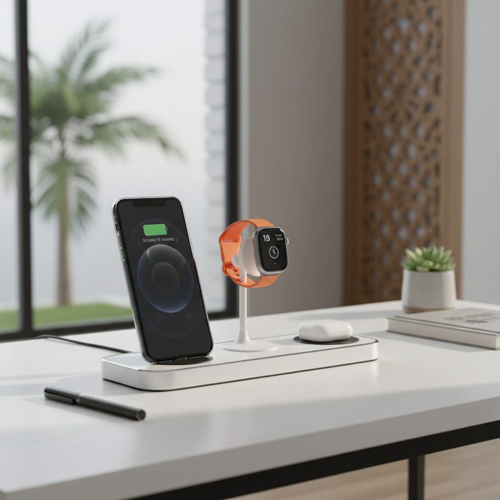 Premium 3-in-1 wireless charging station charging iPhone, Apple Watch and AirPods on UAE home desk