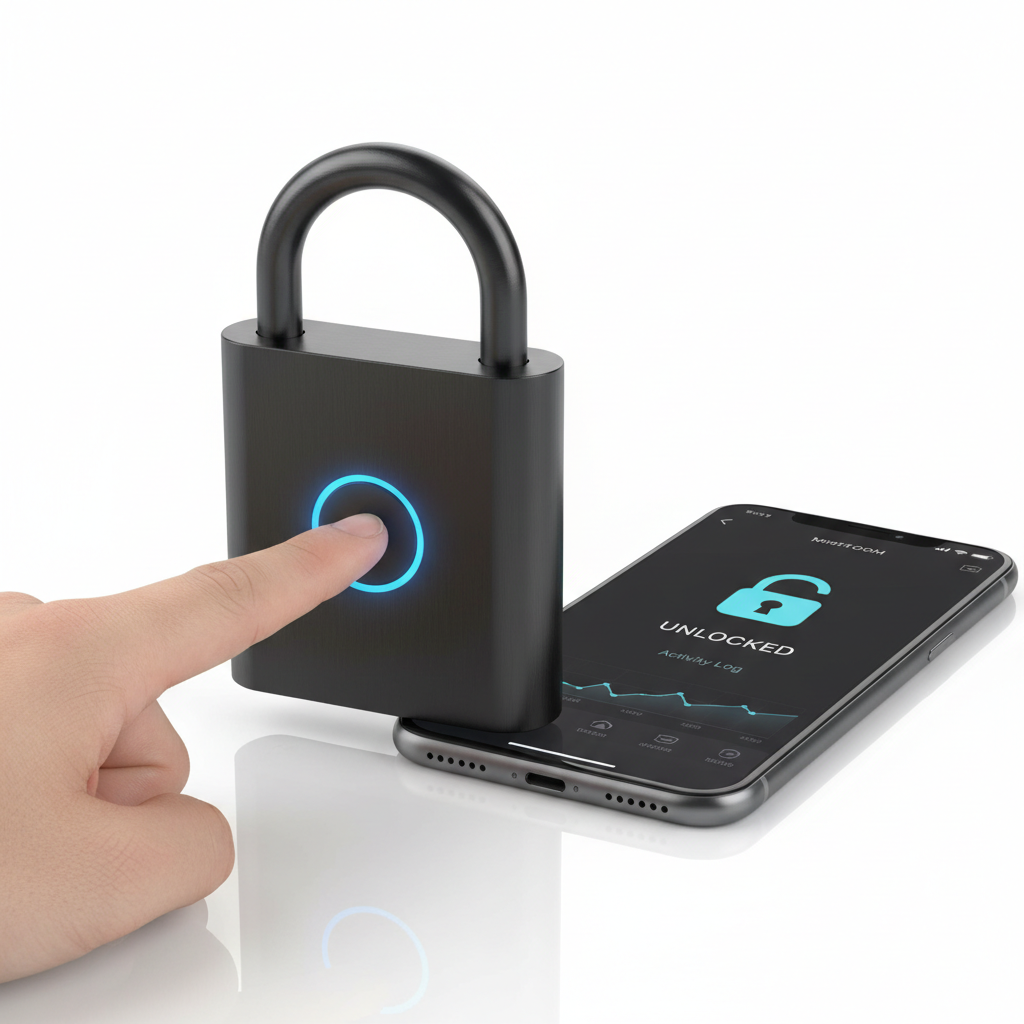 Smart fingerprint padlock in black aluminum unlocking with finger touch, smartphone app nearby