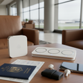 Foldable 3-in-1 wireless travel charger folded and unfolded showing three charging zones with travel accessories