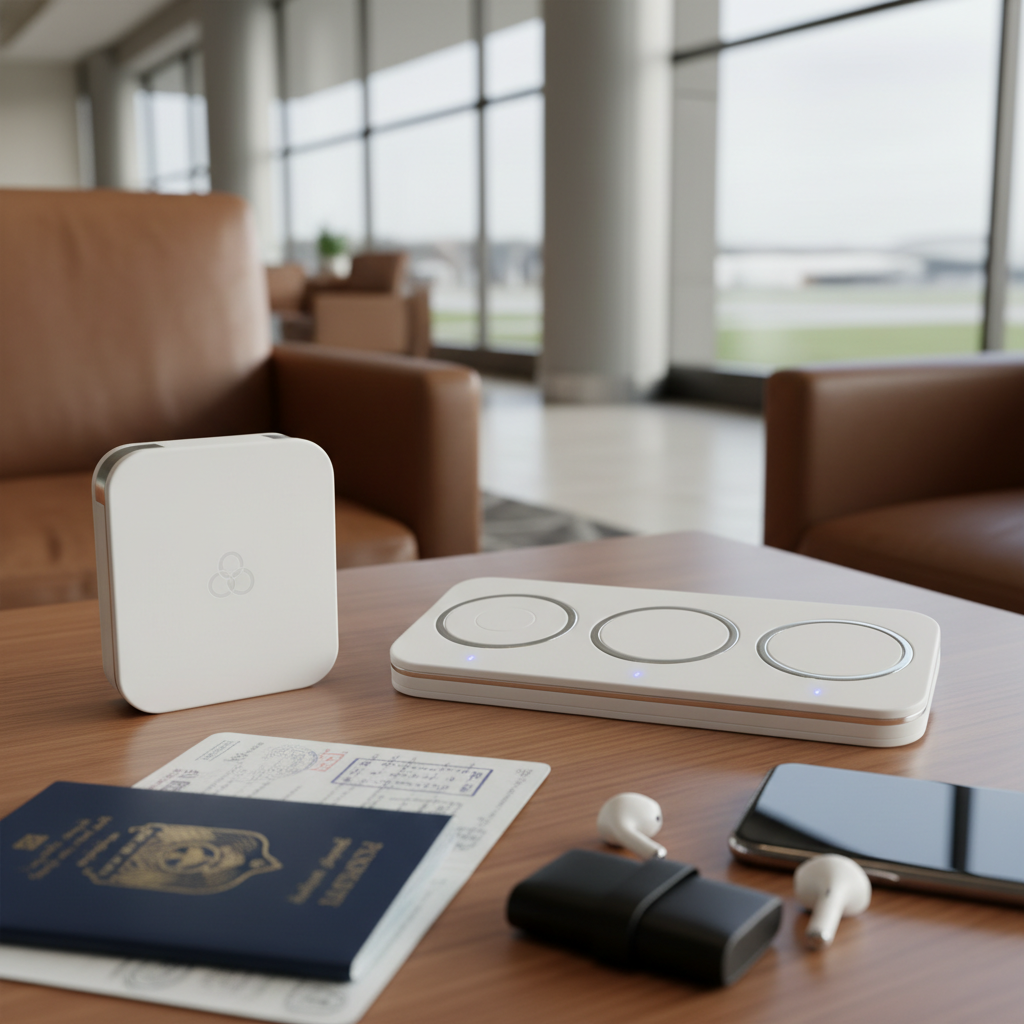 Foldable 3-in-1 wireless travel charger folded and unfolded showing three charging zones with travel accessories